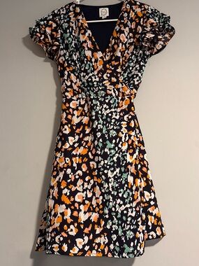 Blue Rain Abstract Mini Wrap Dress with Orange & Mint Accents